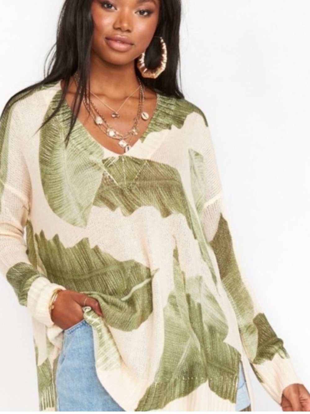 Show Me Your MuMu Cream & Green Leaf V-Neck Beach Cover-Up